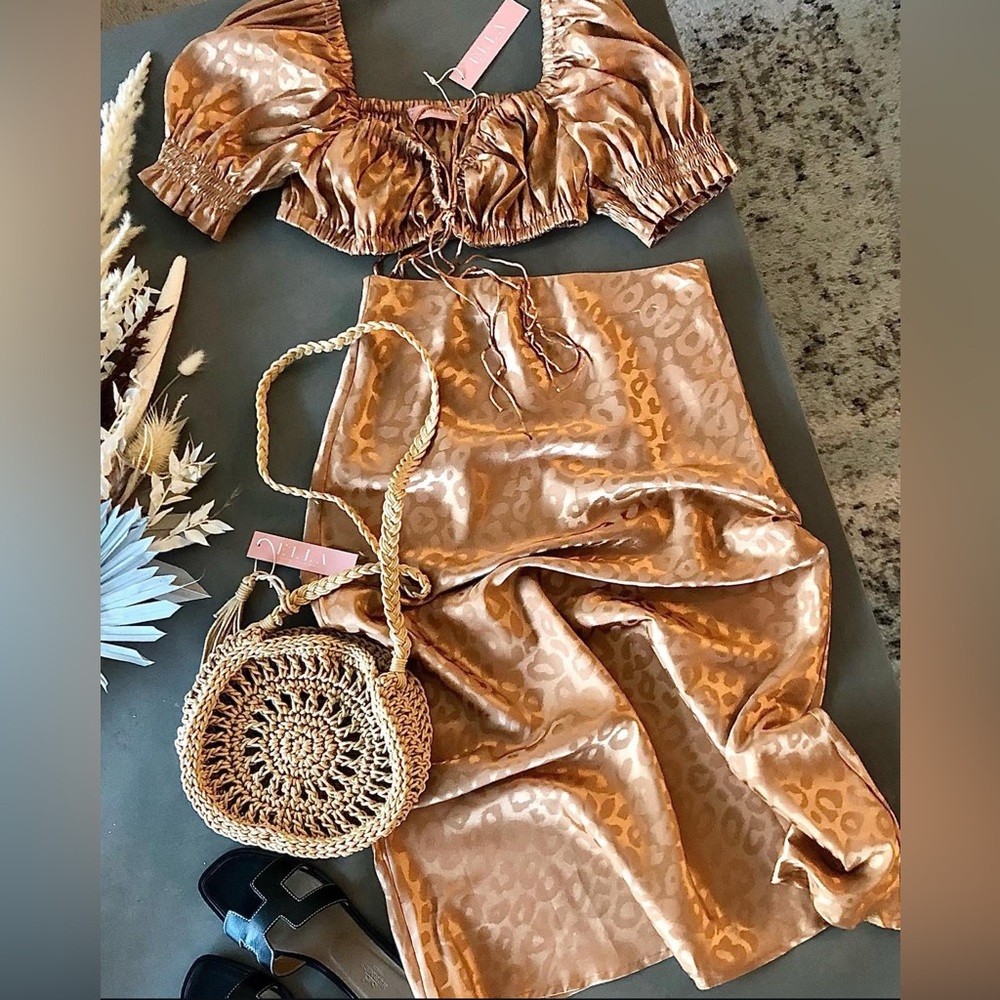 Stylish Leopard Print Satin Skirt and Top Set